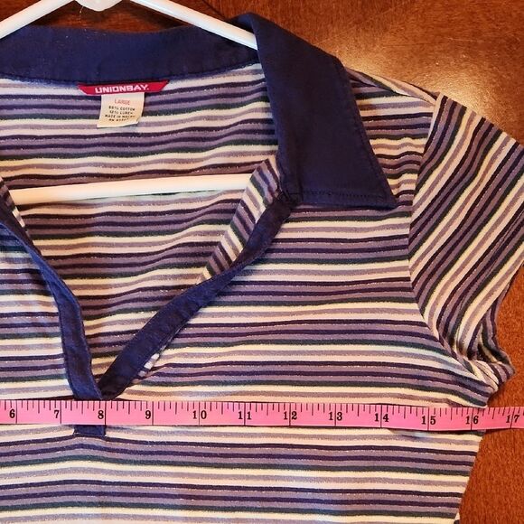 UnionBay V-neck Cap Sleeve 2 Shirts Bundle, Junior Large Hot Pink & Blue Stripes - Picture 3 of 6